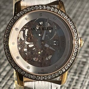 Anne Klein Gold-Tone Skeleton Watch with White Strap